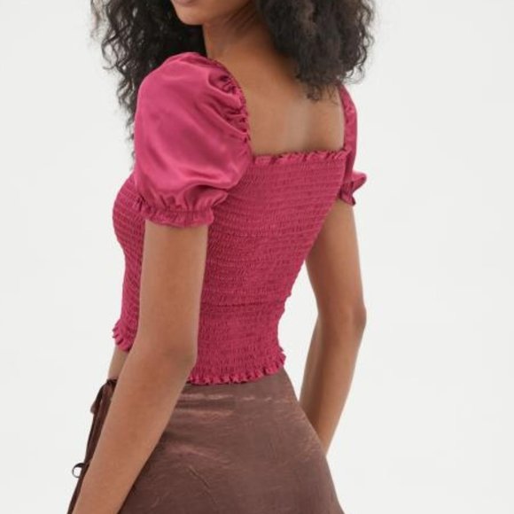 NEW Sabrina Square Neck Satin Smocked Puff Sleeve Crop Top Ruffle Trim Womens XS - Picture 3 of 11